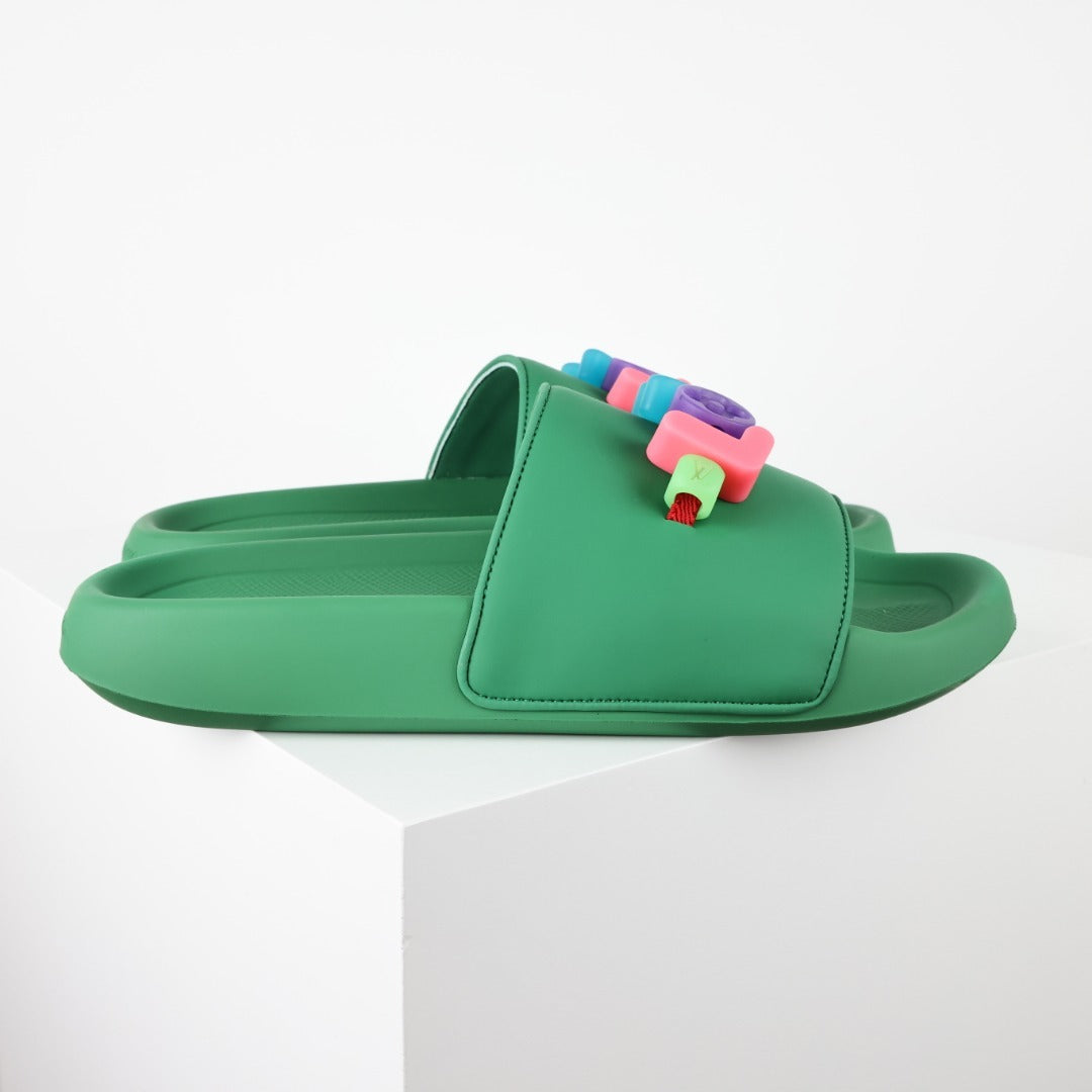 L***V Rubber Pool Slide Sandals — SS23 Limited Edition 3D Logo Charm Slip-On Beach Slippers (Emerald Green)