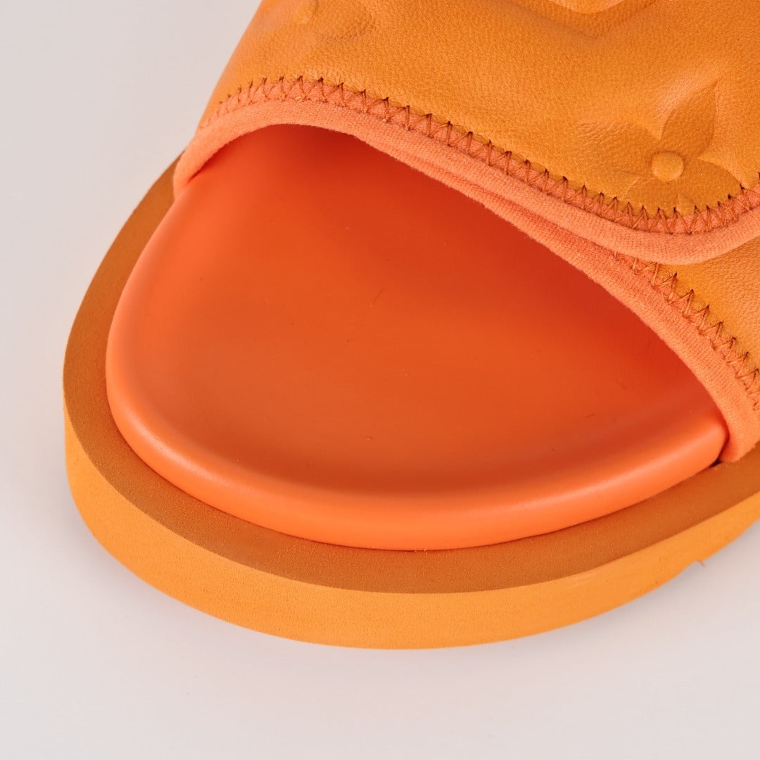 L***V Tangerine Orange Inflated Pillow Leather Velcro Adjustable Wide Strap Miami Slide Sandals — Spring Summer Boutique Limited Edition