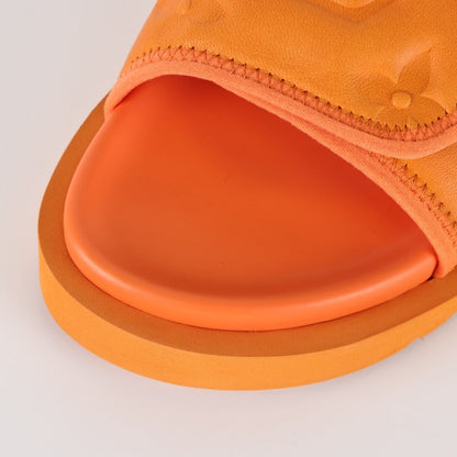 L***V Tangerine Orange Inflated Pillow Leather Velcro Adjustable Wide Strap Miami Slide Sandals — Spring Summer Boutique Limited Edition