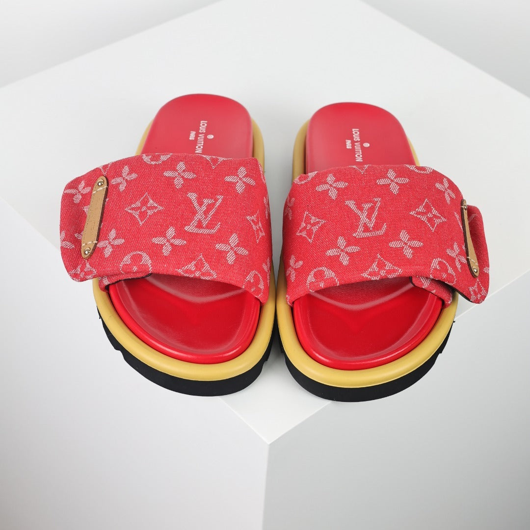 L***V Red Monogram Canvas Gold Safety Pin Double Strap Platform Slide Sandals — 2024 Spring Summer Boutique Limited Edition