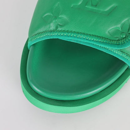 L***V Grass Green Inflated Pillow Leather Velcro Adjustable Wide Strap Miami Slide Sandals — Spring Summer Boutique Limited Edition