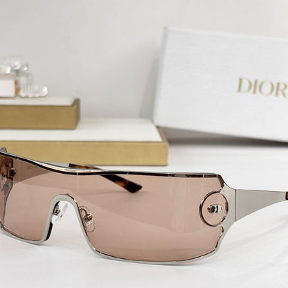 D**R Shield Wraparound Sunglasses | One-Piece Lens, Metal Frame, CD Circle Badge Temple, Silver & Gold | 6 Colors