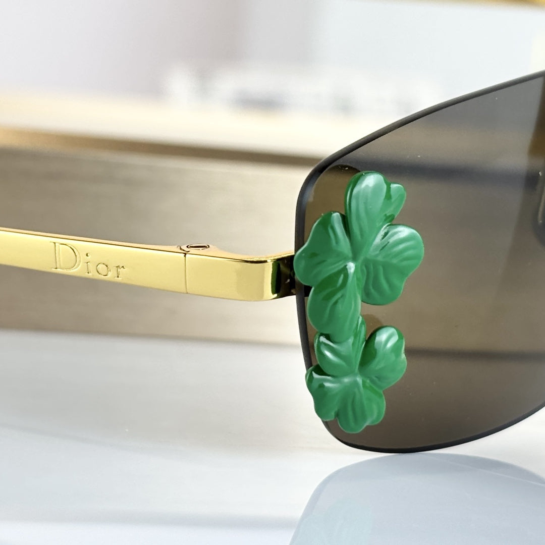 D**R Clover S1U Rimless Sunglasses | Gold Metal Frame, Dark Green Floral Detail & Grey Lenses