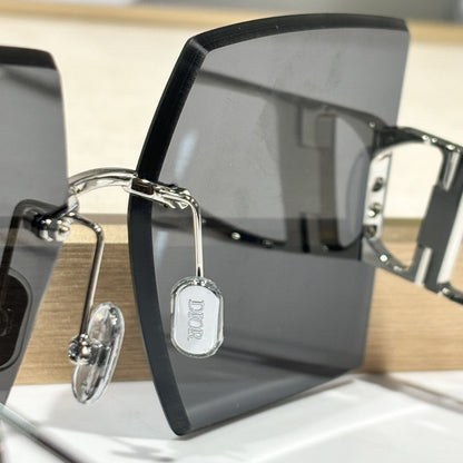 D**R Geometric Oversized Sunglasses | Rimless Bevelled Square Frame, DIOR Letter Print Lens, Silver Metal | Multiple Colors