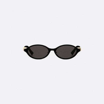 D**R Oval Cat-Eye Sunglasses | Gloss Black Acetate Frame, 3D DIOR Letter Hinge Block, Gold Metal Nose Bridge, Flat Grey Lenses
