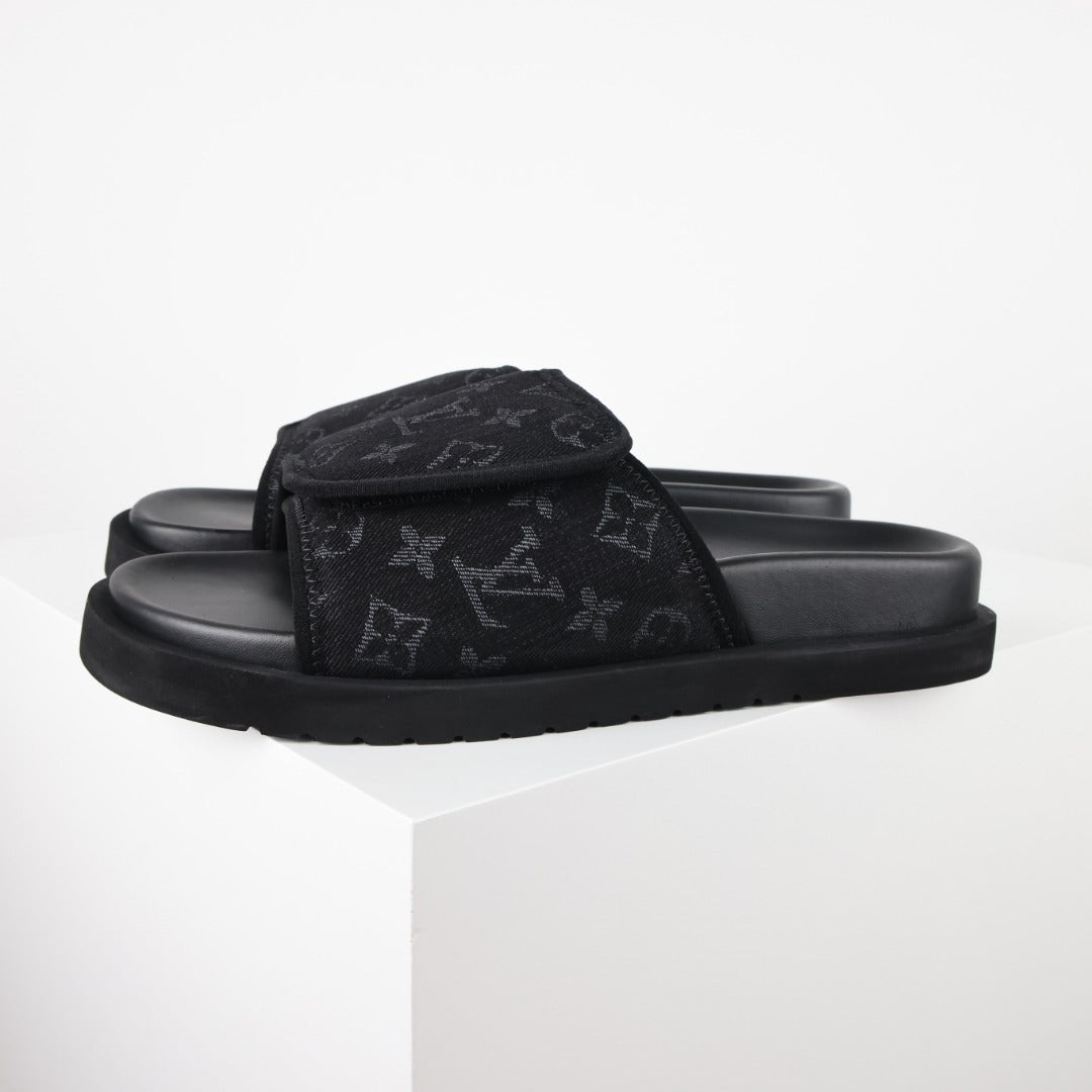L***V All-Black Giant Monogram Floral Tonal Embroidery Slip-On Wide Strap Miami Slide Sandals — Spring Summer Boutique Limited Edition