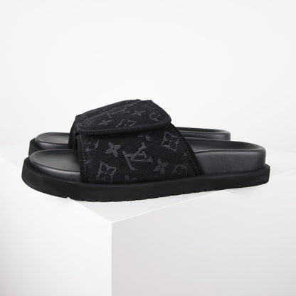 L***V All-Black Giant Monogram Floral Tonal Embroidery Slip-On Wide Strap Miami Slide Sandals — Spring Summer Boutique Limited Edition