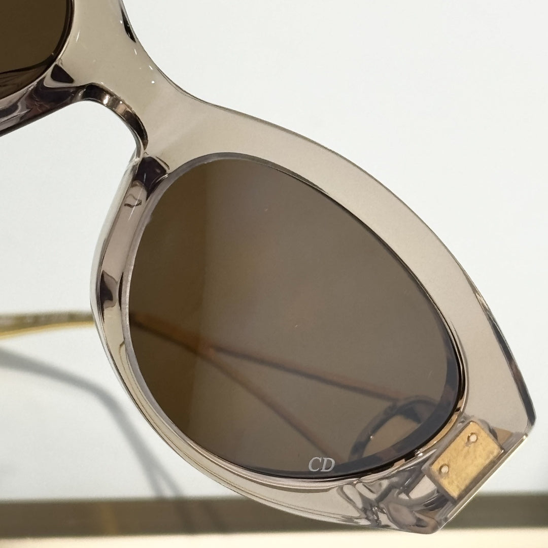 D**R Narrow Cat-Eye Sunglasses | Transparent Smoke-Brown Acetate Frame, CD Metal Badge, Champagne Acetate Temple, Flat Brown Lenses