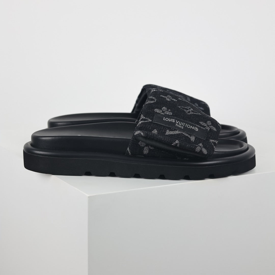 L***V All-Black Tonal Monogram Double Strap Flat Slide Sandals — 2024 Spring Summer Boutique Limited Edition
