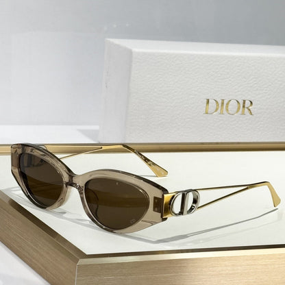 D**R Narrow Cat-Eye Sunglasses | Transparent Smoke-Brown Acetate Frame, CD Metal Badge, Champagne Acetate Temple, Flat Brown Lenses