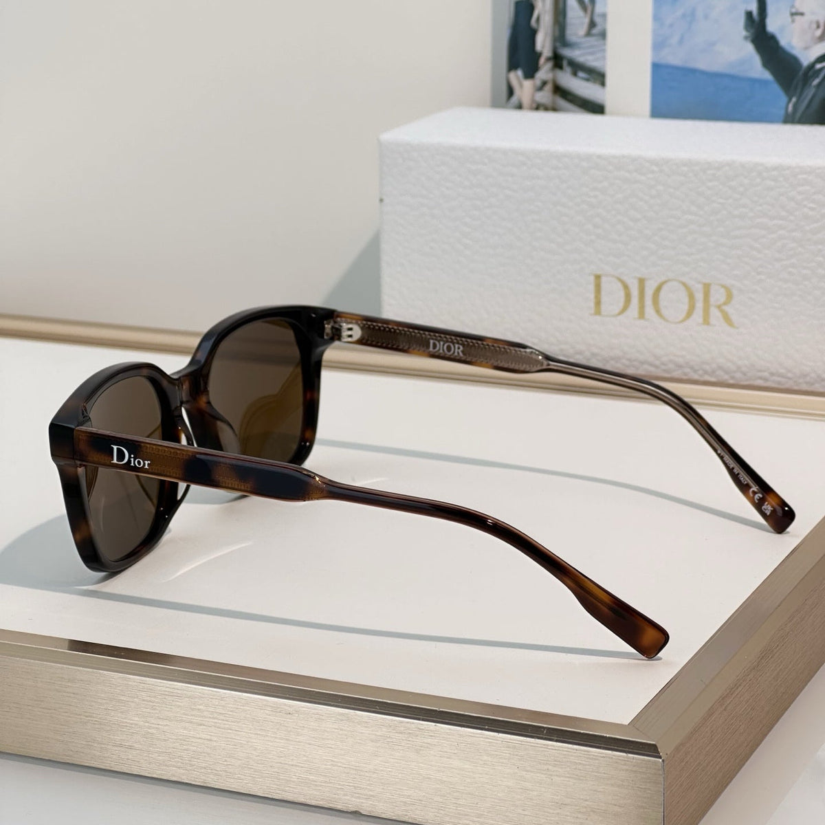 D**R Square Sunglasses with Two-Tone Transparent Grey Acetate Frame, Dark Grey Solid Lenses & Logo Script Temple