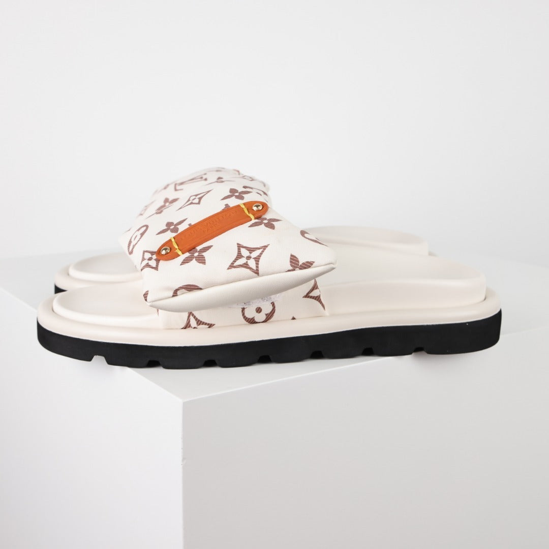 L***V Monogram Velcro Strap Slide Sandals — Adjustable Single Strap Pool Beach Slippers (8 Colors)