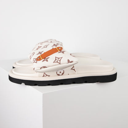 L***V Monogram Velcro Strap Slide Sandals — Adjustable Single Strap Pool Beach Slippers (8 Colors)