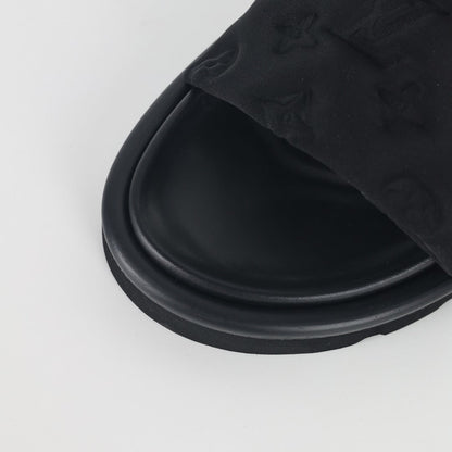 L***V All-Black Tonal Monogram Puffy Quilted Wide Strap Platform Slide Sandals — 2024 Spring Summer Boutique Limited Edition