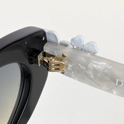 D**R Cat-Eye Oval Sunglasses | Black Acetate Frame, Pearl Temple & 3D Floral Detail