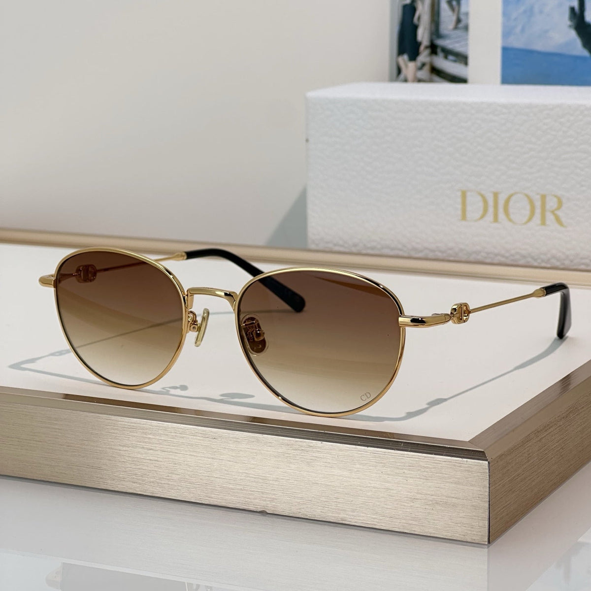 D**R Round Optical Glasses with Slim Rose Gold Metal Wire Frame, Clear Blue Light Lenses & 3D CD Logo Hardware