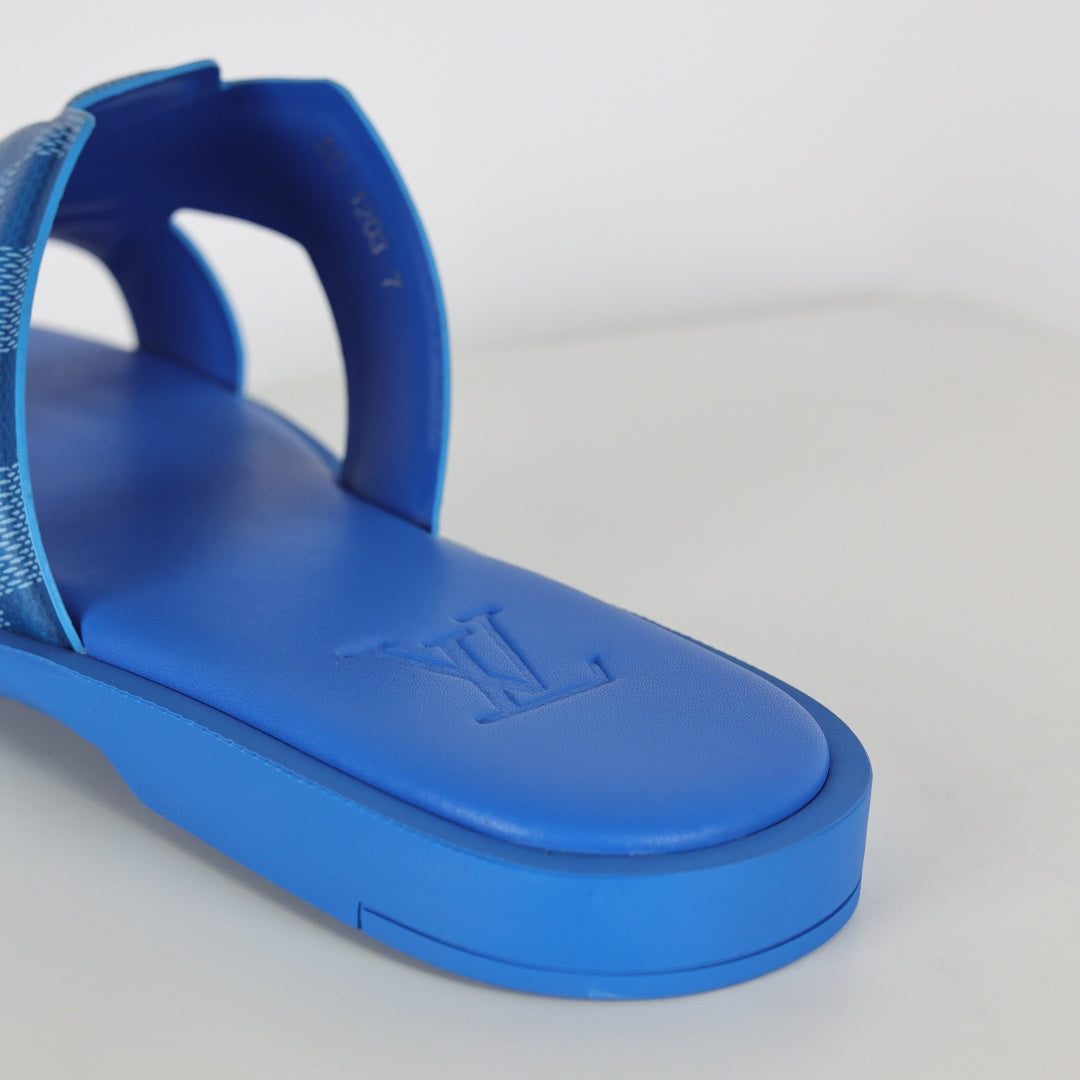 L***V Cobalt Blue Damier Embossed Leather H-Strap Multi-Band Oasis Flat Slide Sandals — Spring Summer Boutique Limited Edition