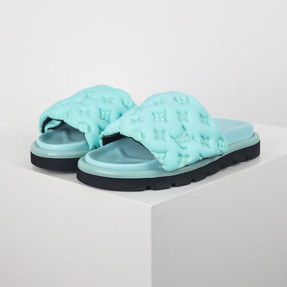 L***V Mint Green Tonal Monogram Puffy Quilted Wide Strap Platform Slide Sandals — 2024 Spring Summer Boutique Limited Edition