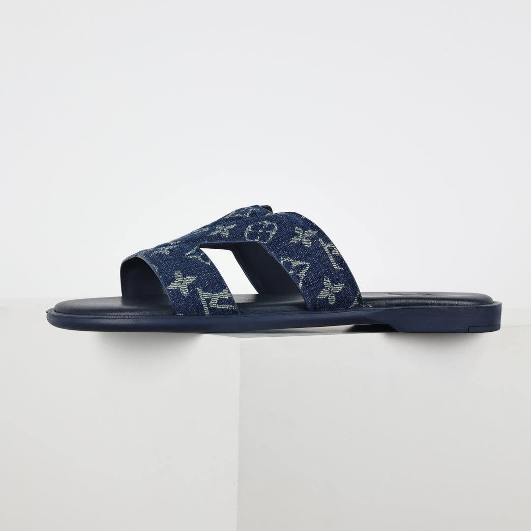 L***V Navy Blue Monogram Denim Jacquard H-Strap Multi-Band Oasis Flat Slide Sandals — Spring Summer Boutique Limited Edition