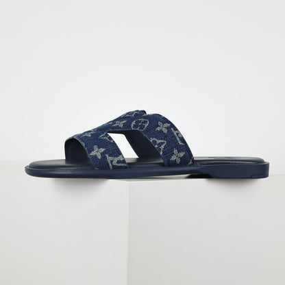 L***V Navy Blue Monogram Denim Jacquard H-Strap Multi-Band Oasis Flat Slide Sandals — Spring Summer Boutique Limited Edition