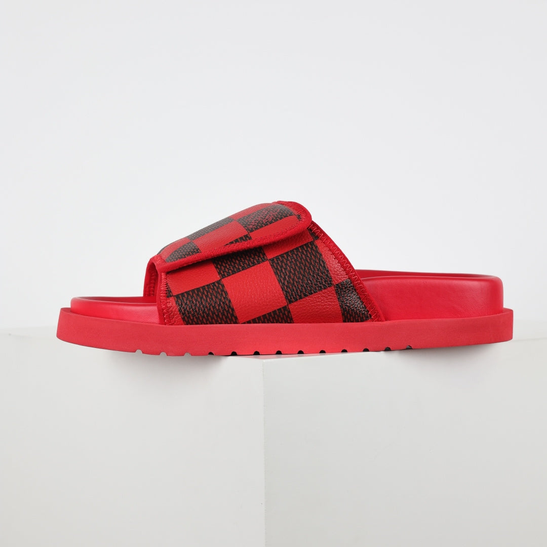 L***V Scarlet Red Dark Brown Damier Checkerboard Velcro Adjustable Wide Strap Miami Slide Sandals — Spring Summer Boutique Limited Edition