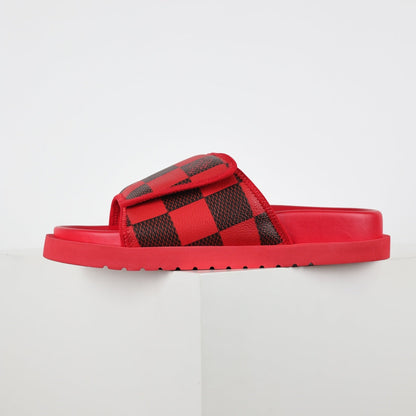 L***V Scarlet Red Dark Brown Damier Checkerboard Velcro Adjustable Wide Strap Miami Slide Sandals — Spring Summer Boutique Limited Edition