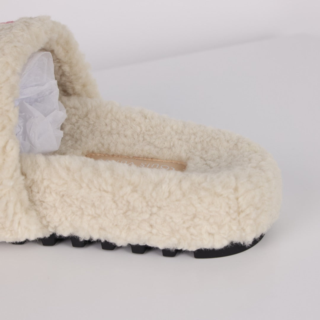 L***V Dark Chocolate Brown Tonal Monogram Shearling Lambswool Double Strap Slide Sandals — Autumn Winter Boutique Limited Edition