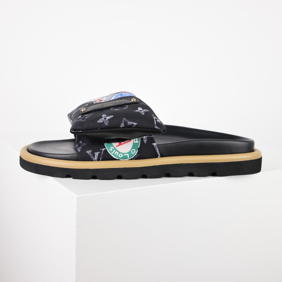 L***V Monogram Eclipse Black Multicolor Badge Patch Wide Strap Slide Sandals — Spring Summer Boutique Limited Edition