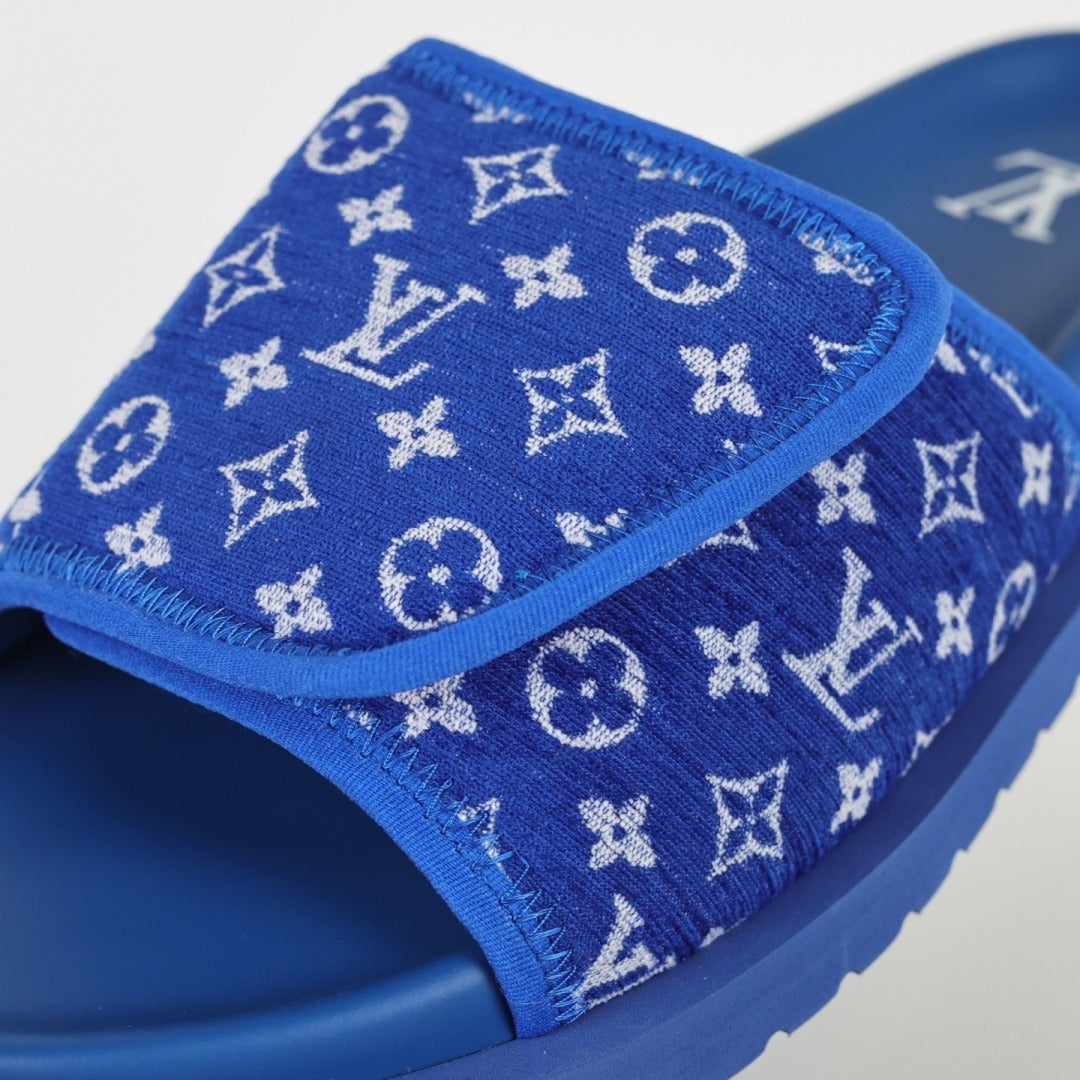 L***V Royal Blue Monogram Jacquard Twisted Bow Ruched Strap Miami Slide Sandals — Spring Summer Boutique Limited Edition