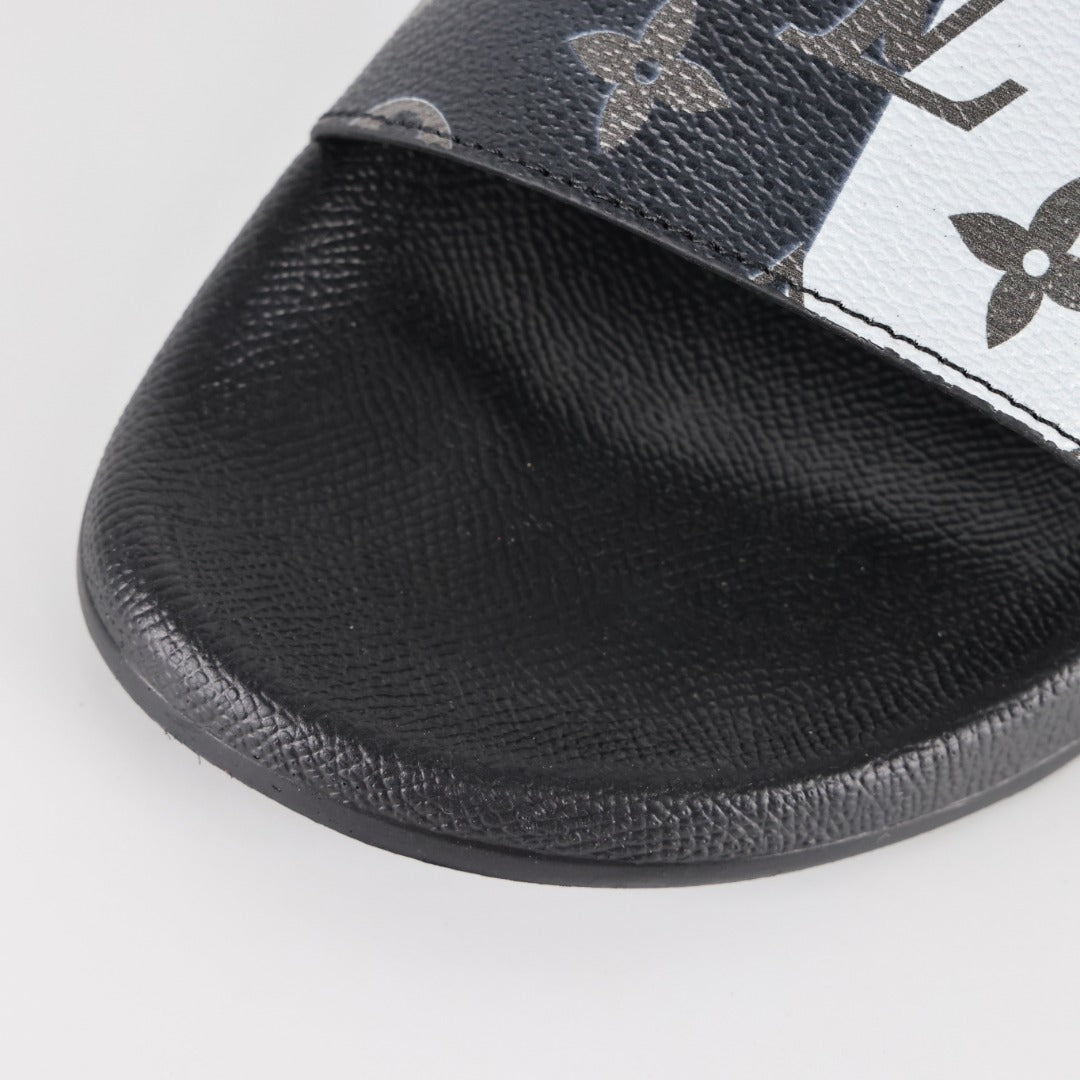 L***V White Black Grey Giant Monogram Waterfront Wide Strap Slide Sandals — Spring Summer Boutique Limited Edition