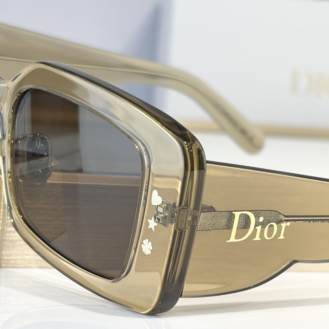 D**R Slim Rectangular Sunglasses | Transparent Khaki Frame, Brown Lenses & Gold Logo Temple