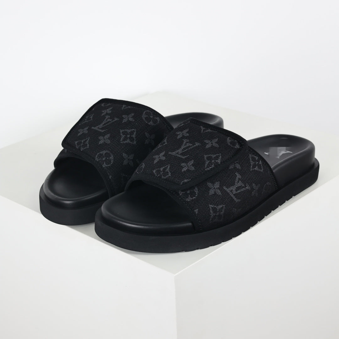 L***V All-Black Tonal Monogram Jacquard Twisted Bow Ruched Strap Miami Slide Sandals — Spring Summer Boutique Limited Edition