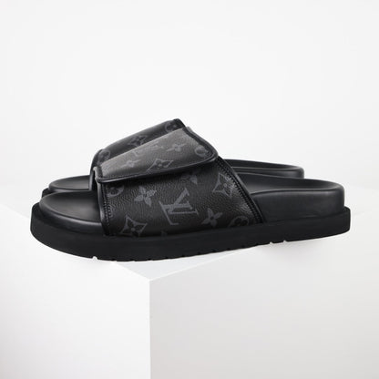 L***V Monogram Eclipse All-Black Velcro Adjustable Wide Strap Miami Slide Sandals — Spring Summer Boutique Limited Edition