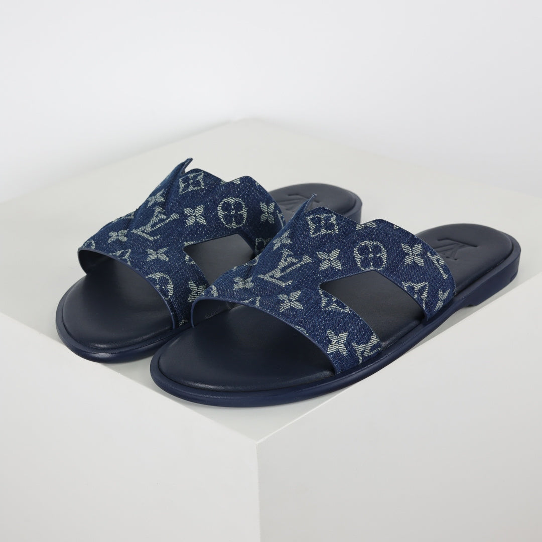 L***V Navy Blue Monogram Denim Jacquard H-Strap Multi-Band Oasis Flat Slide Sandals — Spring Summer Boutique Limited Edition