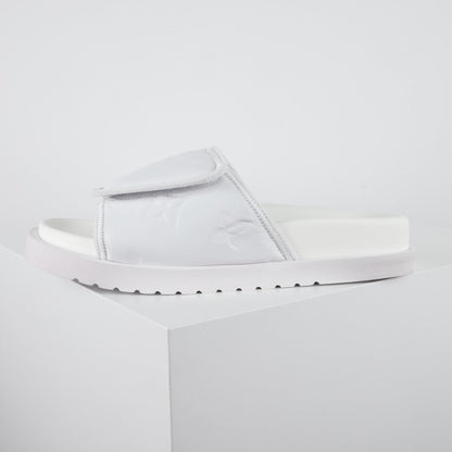 L***V All-White Inflated Pillow Leather Wide Strap Miami Slide Sandals — Spring Summer Boutique Limited Edition