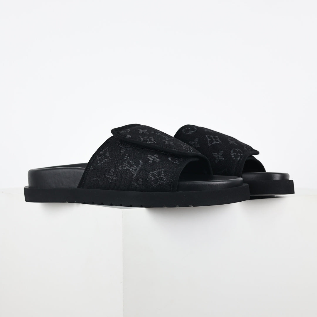 L***V All-Black Tonal Monogram Jacquard Twisted Bow Ruched Strap Miami Slide Sandals — Spring Summer Boutique Limited Edition