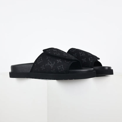 L***V All-Black Tonal Monogram Jacquard Twisted Bow Ruched Strap Miami Slide Sandals — Spring Summer Boutique Limited Edition