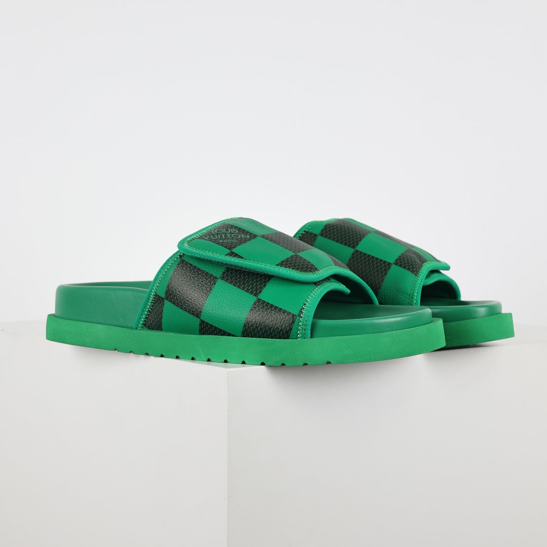 L***V Grass Green Black Damier Checkerboard Inflated Pillow Leather Velcro Double Strap Miami Slide Sandals — Spring Summer Boutique Limited Edition