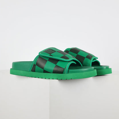 L***V Grass Green Black Damier Checkerboard Inflated Pillow Leather Velcro Double Strap Miami Slide Sandals — Spring Summer Boutique Limited Edition