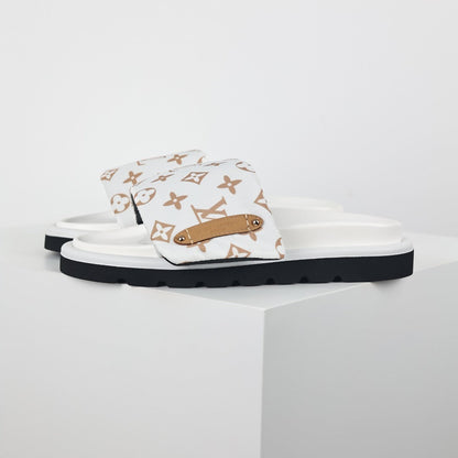 L***V White Giant Monogram Canvas Leather Trim Flat Slide Sandals — 2024 Spring Summer Boutique Limited Edition