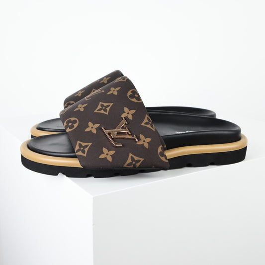 L***V Monogram Canvas LV Logo Slide Sandals — SS24 Gold Hardware Wide Band Slip-On Pool Beach Slippers (4 Colors)
