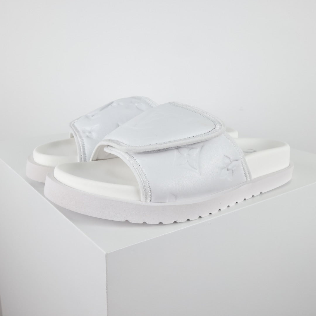 L***V All-White Inflated Pillow Leather Wide Strap Miami Slide Sandals — Spring Summer Boutique Limited Edition