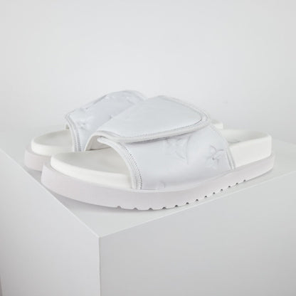 L***V All-White Inflated Pillow Leather Wide Strap Miami Slide Sandals — Spring Summer Boutique Limited Edition