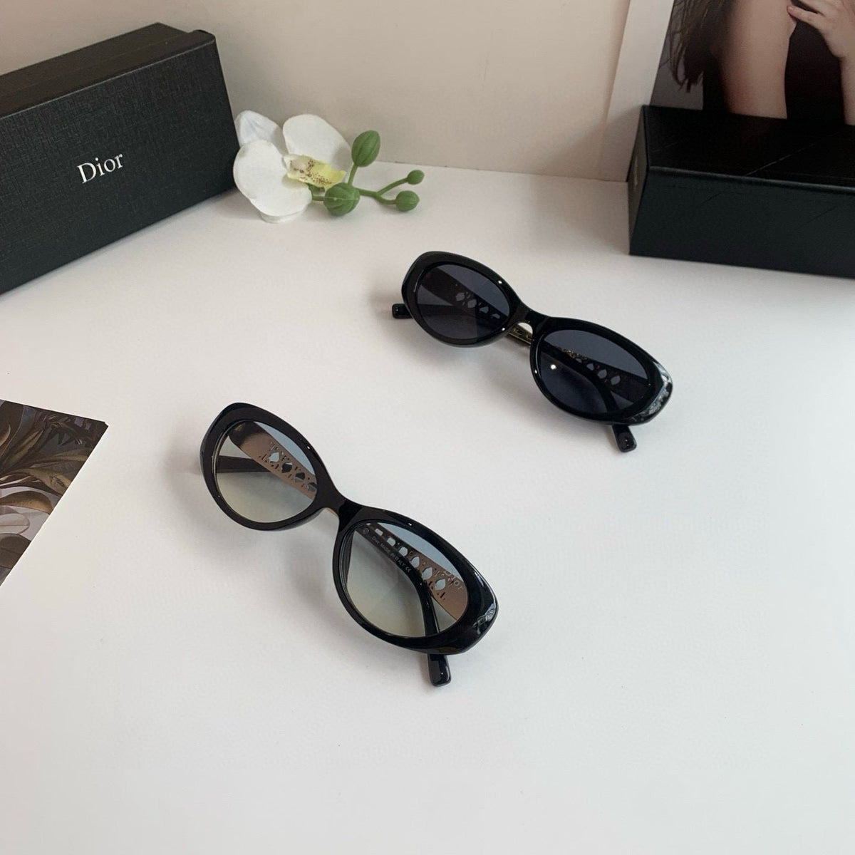 D**R Oval Sunglasses with Glossy Black Acetate Frame, Dark Grey Lenses & Gold Filigree Pearl Embellished Temple Hardware