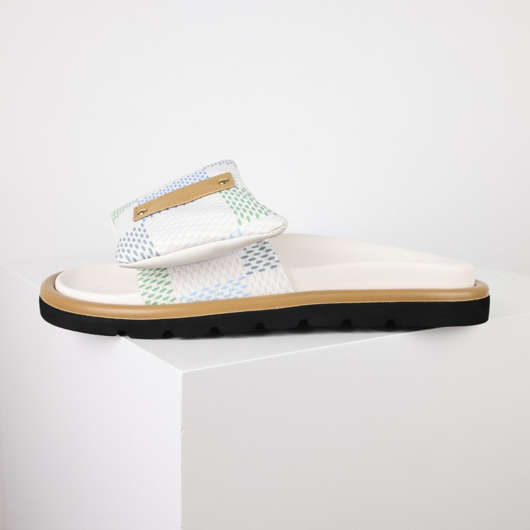 L***V White Mesh Woven Gold Bar Wide Strap Pool Pillow Comfort Slide Sandals — Spring Summer Boutique Limited Edition
