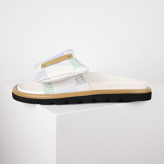 L***V White Mesh Woven Gold Bar Wide Strap Pool Pillow Comfort Slide Sandals — Spring Summer Boutique Limited Edition