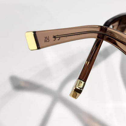 D**R Bold Square Acetate Sunglasses | Transparent Champagne-Brown Frame, Gold CD Metal Inlay, Three-Rivet Temple, Flat Brown Lenses
