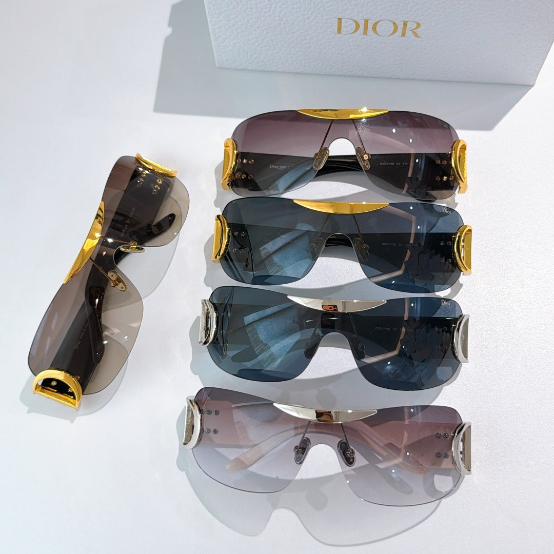 D**R Rimless Wraparound Shield Sunglasses with Grey Purple Gradient Lens, Black Temples & Oversized Gold CD Logo Hardware
