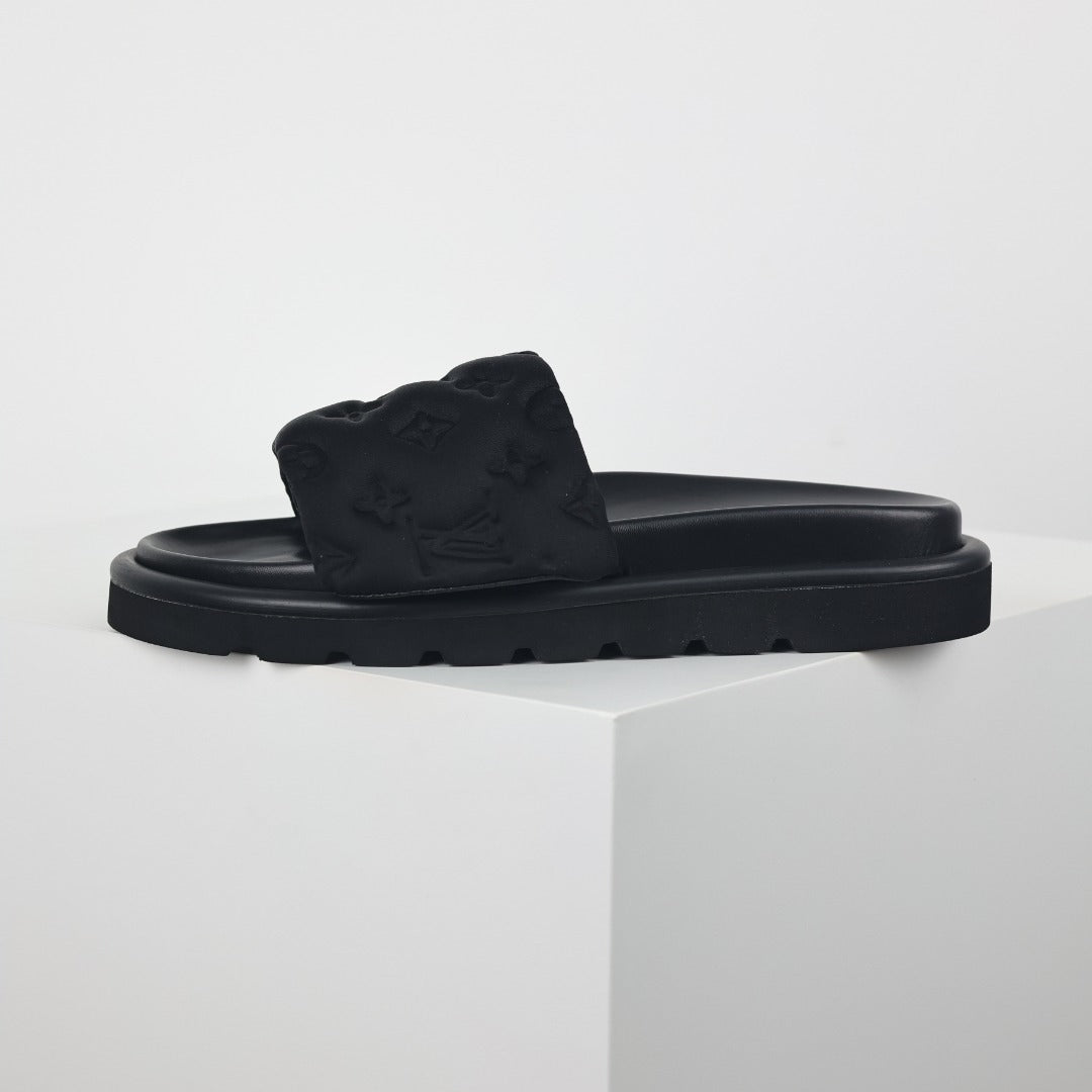 L***V All-Black Tonal Monogram Puffy Quilted Wide Strap Platform Slide Sandals — 2024 Spring Summer Boutique Limited Edition