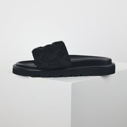 L***V All-Black Tonal Monogram Puffy Quilted Wide Strap Platform Slide Sandals — 2024 Spring Summer Boutique Limited Edition